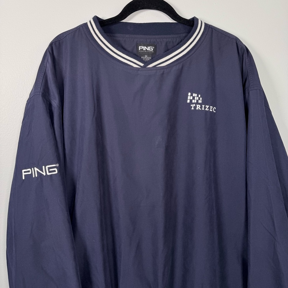PING Jacket Mens XL Blue Golf
Windbreaker Pullover Elastic Waist
V Neck Stripe